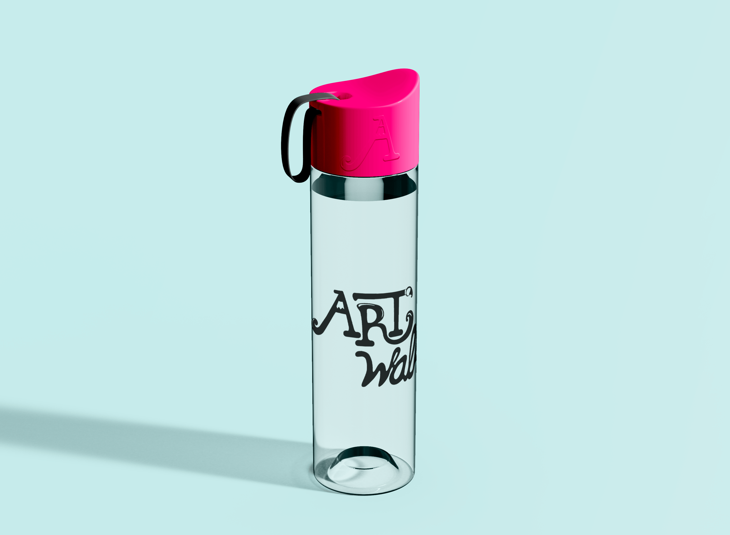 a glass water bottle with the stacked ArtWalk logo in black on it and a magenta lid